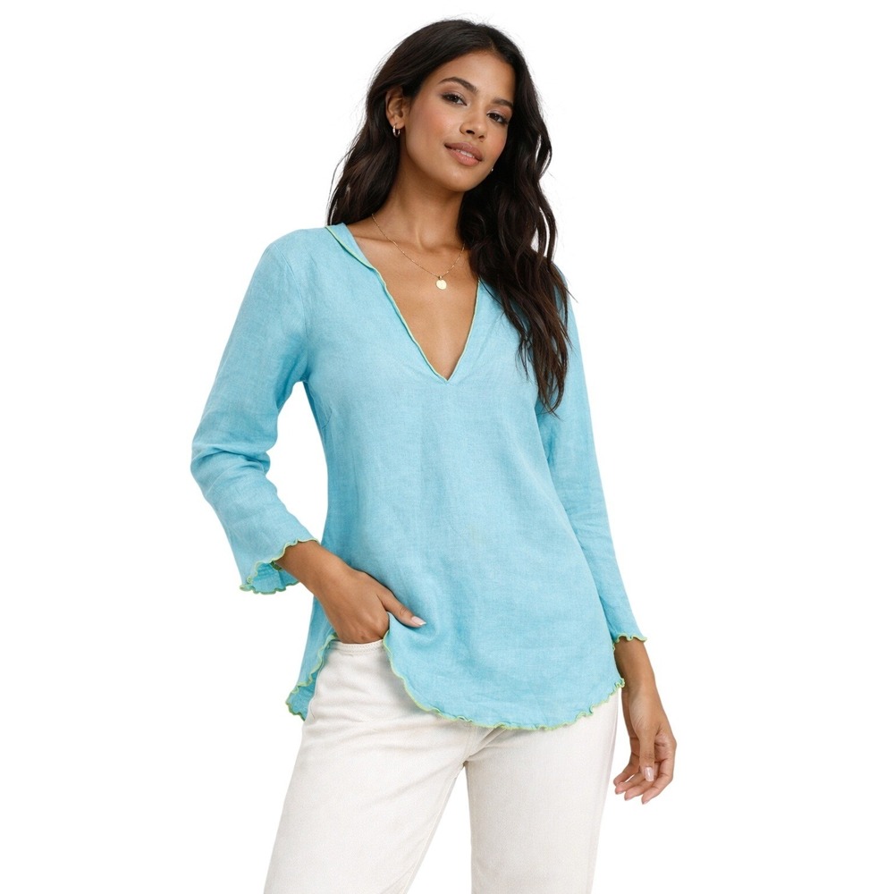 THE TOP OF NANTUCKET Linen Ruffle Hem Top Aqua Blue lettuce hem resortwear XS